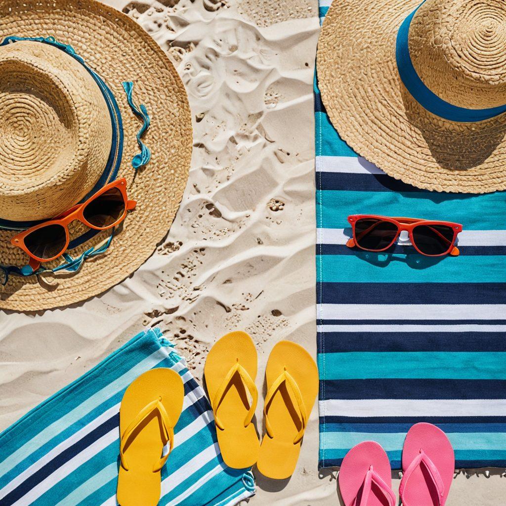 A flat lay scene showcasing stylish beach essentials: a colorful beach towel, chic sunglasses, a vibrant straw hat, a designer beach bag, and tropical flip-flops, all set on a sunlit sandy beach with gentle ocean waves in the background. The atmosphere radiates summer vibes, capturing the essence of a luxurious getaway. super-realistic. vibrant colors. white background.