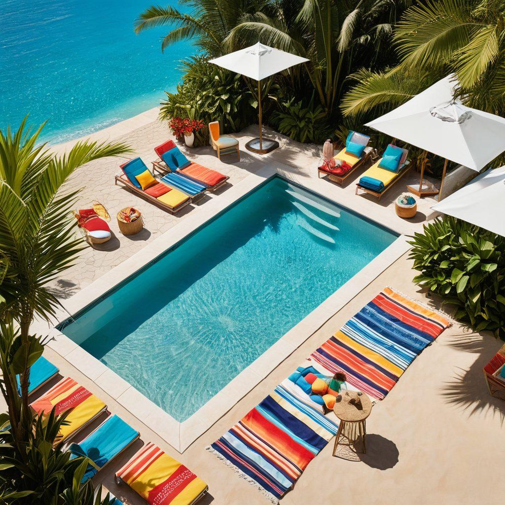 A lively beach scene featuring stylish women in the latest swimwear trends, lounging by a sparkling pool surrounded by tropical plants. Showcase a variety of fashionable swimsuits, sun hats, and poolside accessories, with a vibrant blue sky and bright sunshine casting playful shadows. Include details like colorful beach towels and cocktails on a nearby table for a chic, inviting atmosphere. super-realistic. vibrant colors. summer vibe.